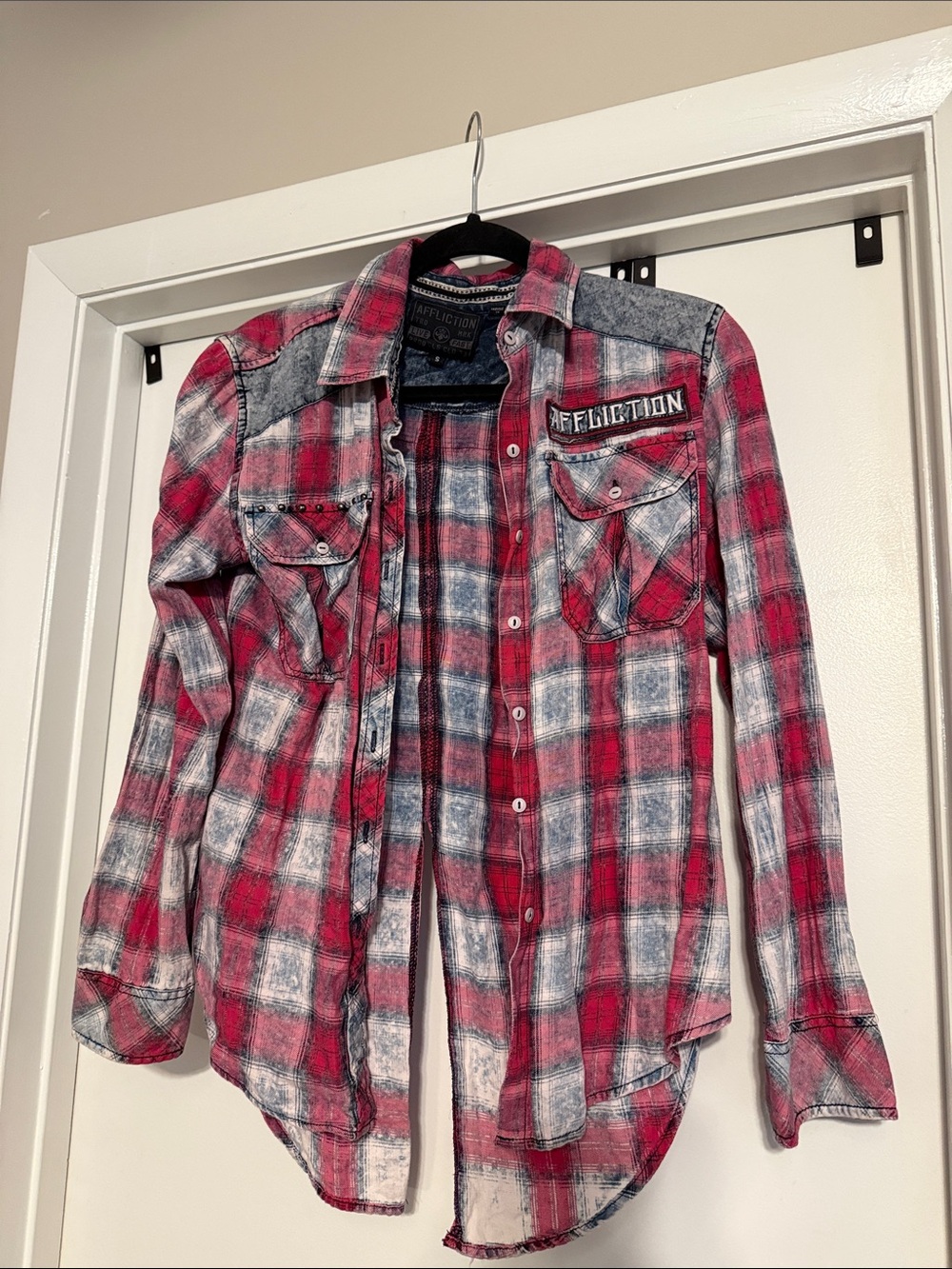 Affliction Red & Navy Distressed Plaid Button-Down Shirt